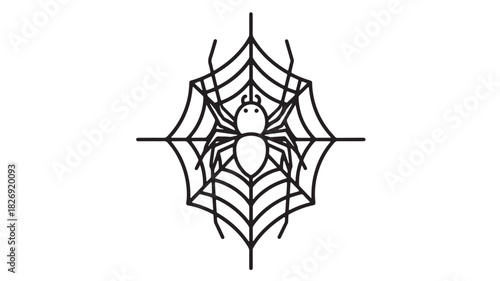 a detailed black and white illustration showcases a spider positioned at the central point of a geometrically precise and intricately designed spiderweb Halloween