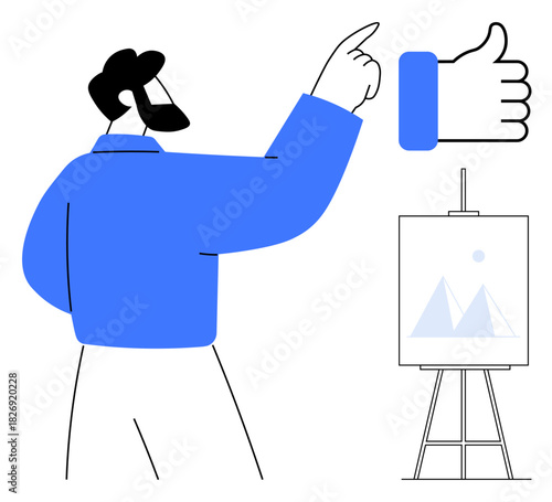 Presentation concept. Illustration of a professional giving a presentation with artboard visual elements. Presentation skills include gestures and visual storytelling. For education, business