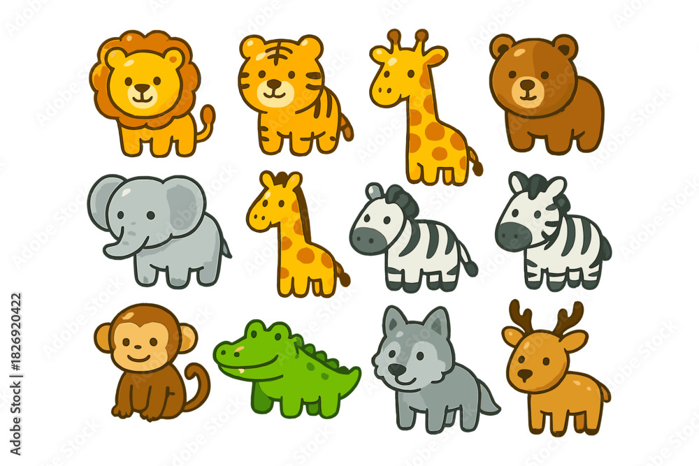 Naklejka premium Cute cartoon safari and jungle animals collection for kids and educational materials