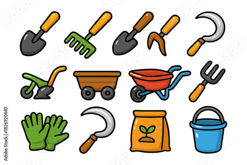 Colorful cartoon garden tools collection with shovel, rake, gloves, and more