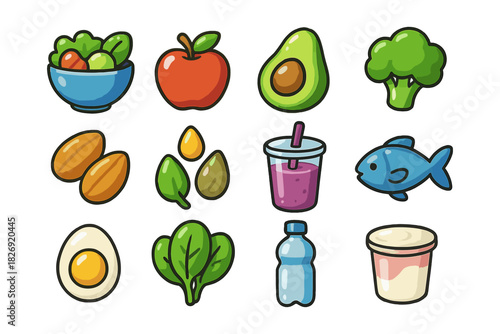 Colorful cartoon icons of healthy foods and drinks for nutritious living