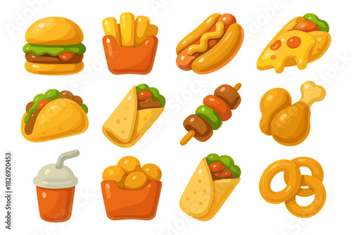 Colorful fast food icons: burger, pizza, tacos, hotdog, fries, and more delicious snacks collection