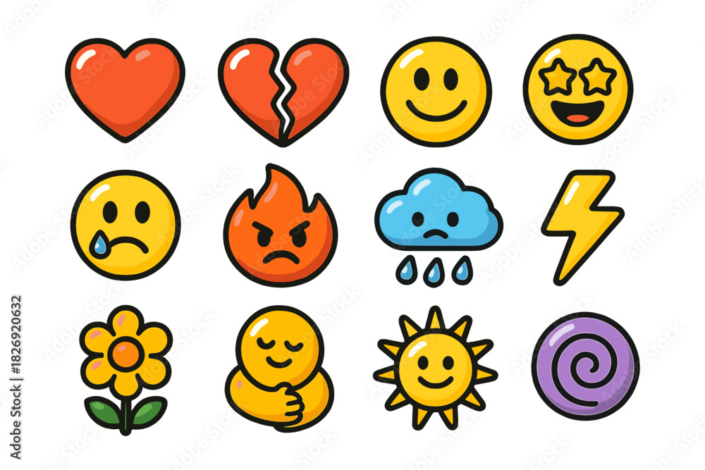 Obraz premium Colorful cartoon emoji set featuring emotions and weather elements