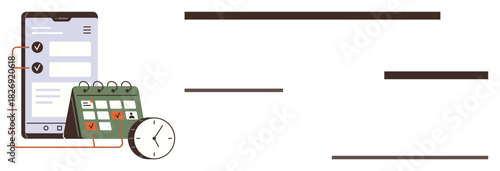 Smartphone displaying tasks, calendar with marked dates, and clock for time management. Ideal for planning, productivity, organization, efficiency, remote work, scheduling simple flat metaphor