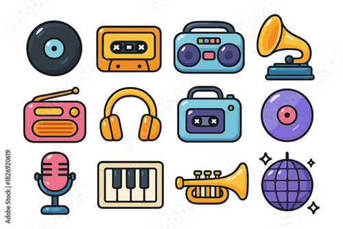 Retro music icons collection: vinyl, cassette, boombox, radio, headphones, microphone, turntable