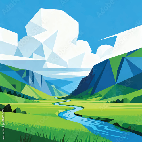 Illustration Of A Lush Valley With Bright Green Grass, A Winding River In The Middle, Large Mountains In The Background Vector Design Template