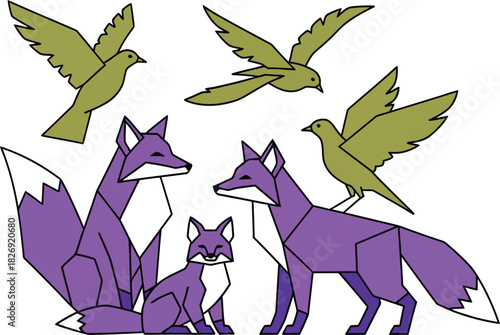 Geometric style illustration of a family of purple foxes with three olive green birds flying above in a whimsical composition