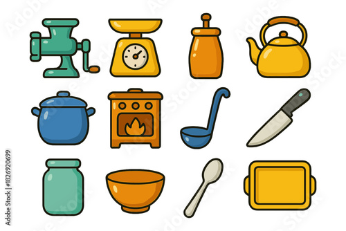 Colorful kitchenware icons set featuring pots, pans, and utensils for home cooking