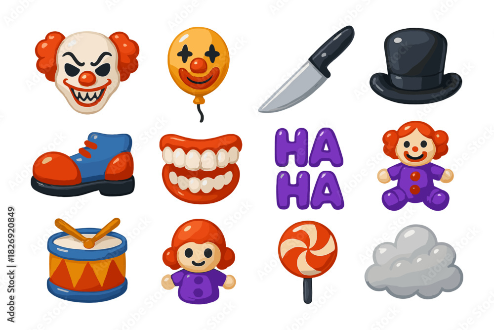 Fototapeta premium Colorful circus and clown-themed elements set