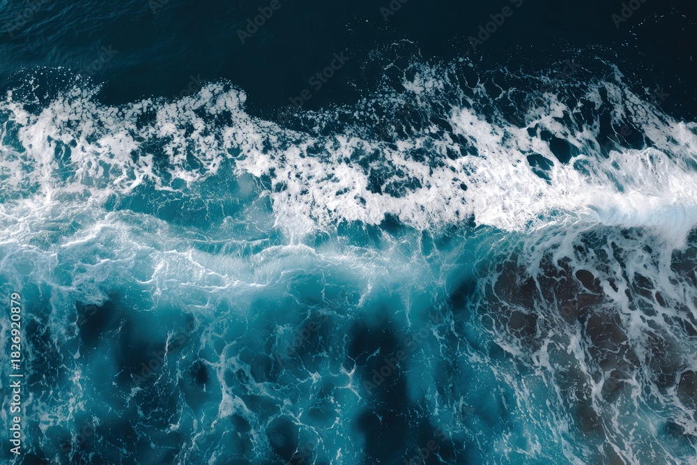 Obraz premium Dynamic blue ocean waves with bright foamy details and swirling water patterns from above, idea for nature backgrounds, marine visuals, and coastal design themes