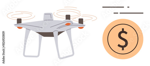 Flying quadcopter with spinning propellers next to orange coin signifying dollar currency, representing tech innovation, investment, automation, entrepreneurship, ecommerce, delivery services