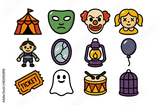 Colorful carnival icons set: masks, clowns, and circus elements
