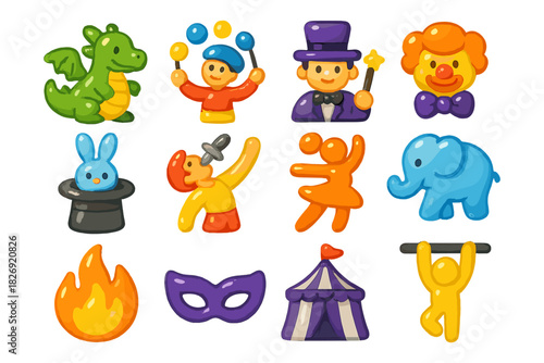 Colorful cartoon circus characters and elements for fun designs