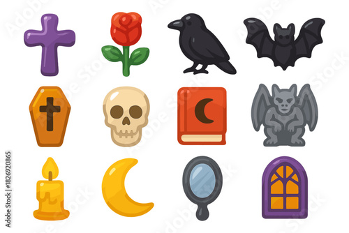 Colorful cartoon halloween icons set featuring spooky elements