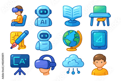 Colorful icons of artificial intelligence and virtual reality in education