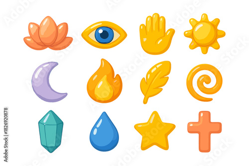Colorful cartoon icon set featuring nature and elements symbols