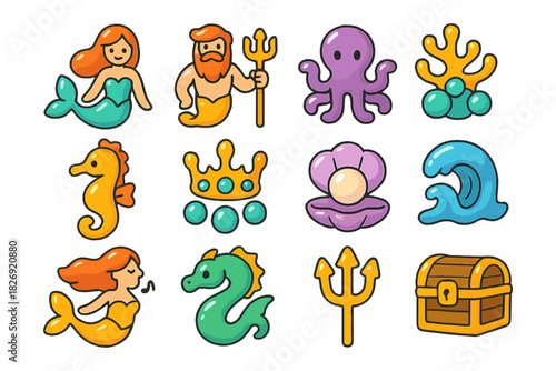 Colorful cartoon sea life icons with mythical and nautical themes