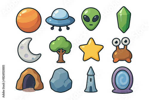 Cartoon space and nature icons featuring ufo and alien elements