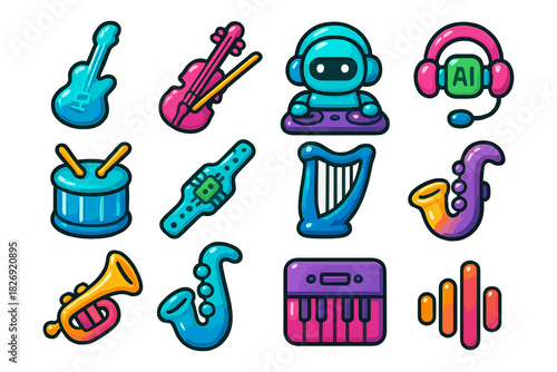 Colorful music icons set featuring instruments and ai dj