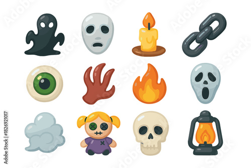 Spooky halloween icons: ghosts, masks, and candles for festive decor