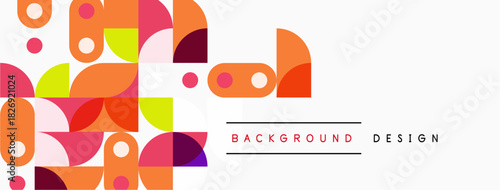 Abstract geometric shapes, vibrant colors, modern design. Background features overlapping circles, rectangles, playful composition.