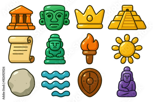 Ancient civilization icons set featuring temples, artifacts, and symbols