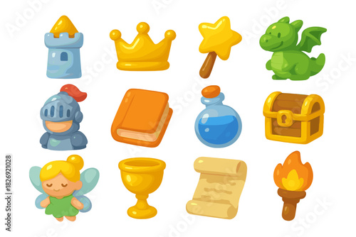 Fantasy quest icons set: knight, dragon, treasure, and magical elements