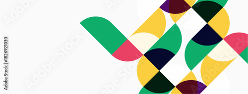 Abstract geometric shapes overlap, creating vibrant colorful pattern. White space dominates composition. Modern design element.