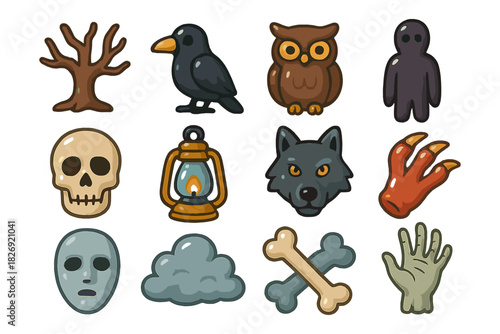 Halloween cartoon icons: spooky tree, animals, masks, bones, lantern