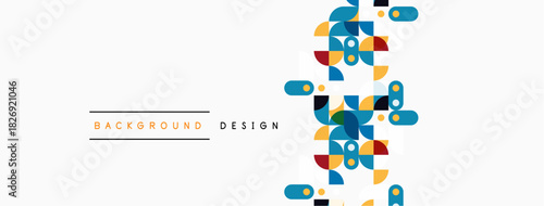 Abstract geometric shapes, vibrant colors, modern design elements. Background features overlapping circles, squares, rectangles. Minimalist aesthetic.