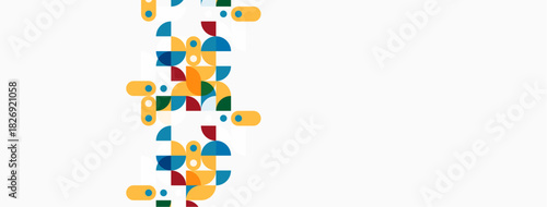 Abstract geometric shapes, vibrant colors, modern design. Composition features overlapping circles, squares, rectangles. Minimalist aesthetic, clean background.