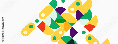 Abstract geometric shapes overlap, creating vibrant colorful pattern. Yellow, green, purple, red dominate composition. Modern design element.