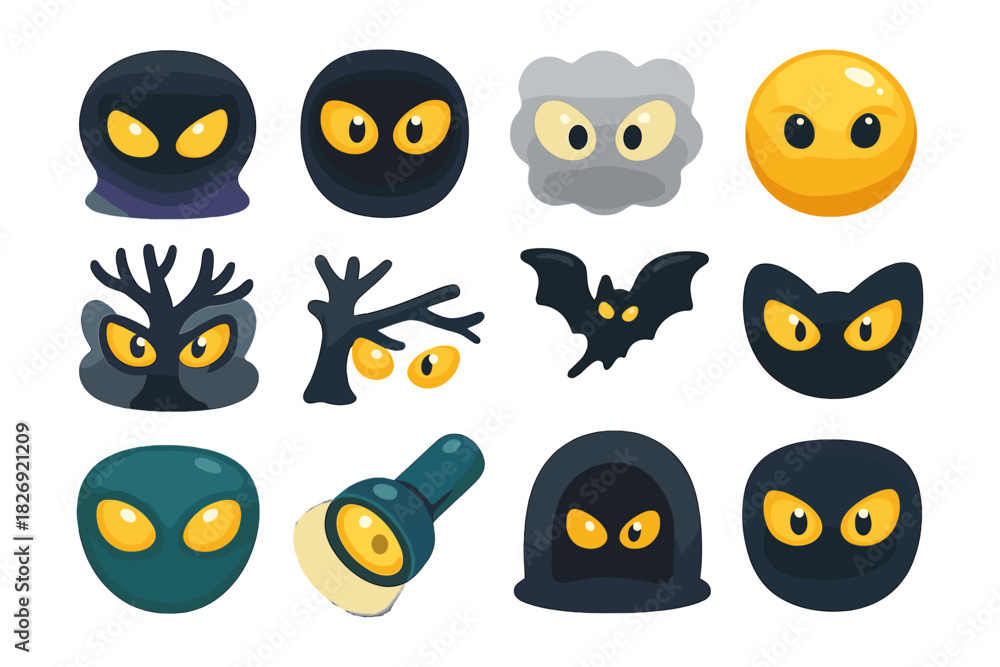 Fototapeta premium Mysterious eyes and creatures with yellow eyes set against a white background