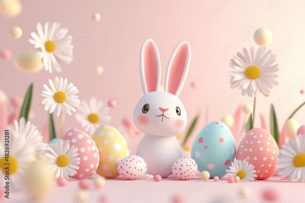 Obraz premium Lovely Easter illustration with baby bunny, colorful eggs and spring flowers on a pastel pink background
