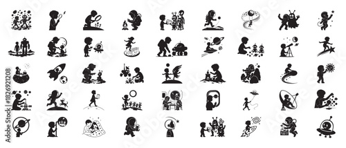 Children exploring space and fantasy worlds silhouette