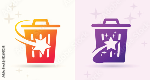 Trash bin star swoosh logo recycling cleanup cleaning service waste removal icon
