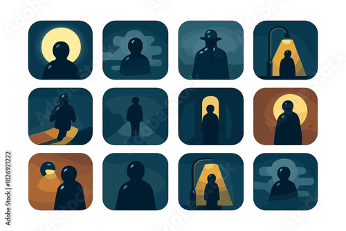 Mystery night scenes: silhouettes in minimalist square icons