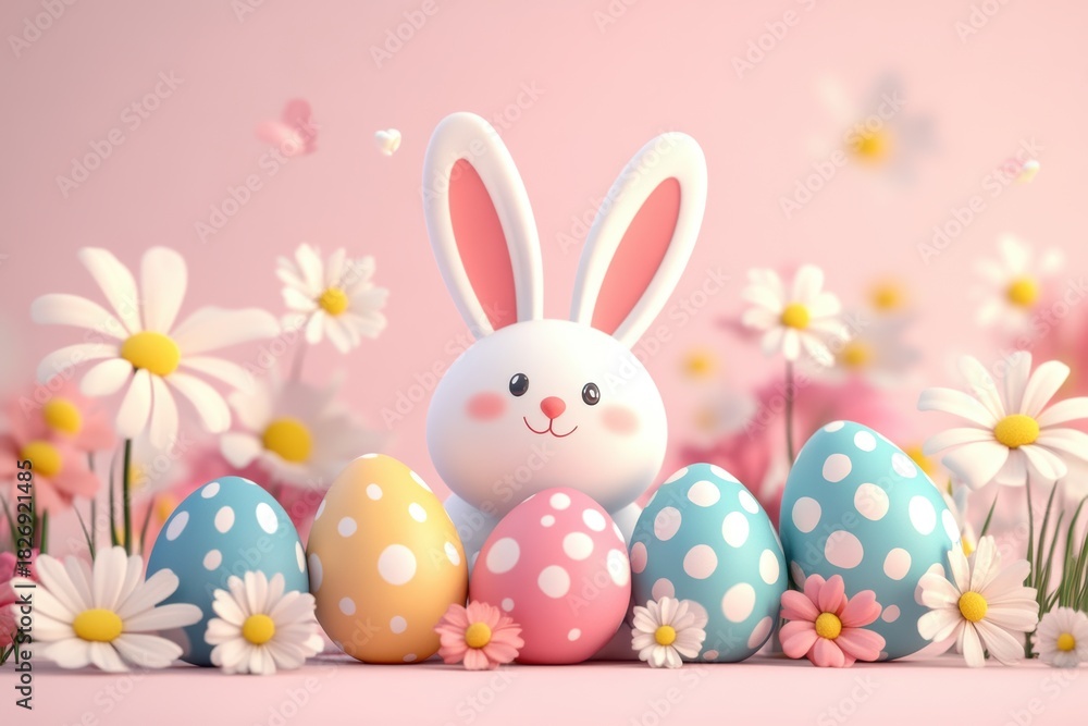 Obraz premium Lovely Easter illustration with baby bunny, colorful eggs and spring flowers on a pastel pink background