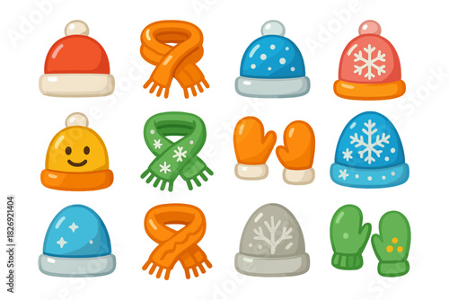 Colorful winter accessories collection: hats, scarves, mittens with fun designs