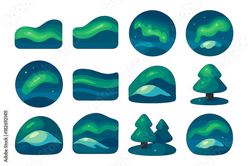 Colorful northern lights and forest set in modern flat design