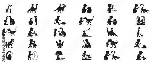 Children interacting with dinosaurs and prehistoric elements