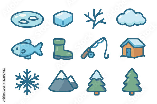 Winter ice fishing icons collection featuring nature and outdoor elements