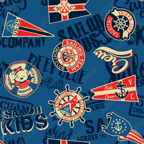 Sailor kids yacht club badge patchwork cute nautical elements vector seamless pattern for children wear t shirt pajamas wallpaper