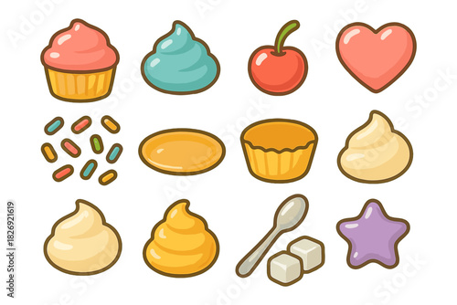 Cute desserts and sweets collection with cupcakes and confectionery elements