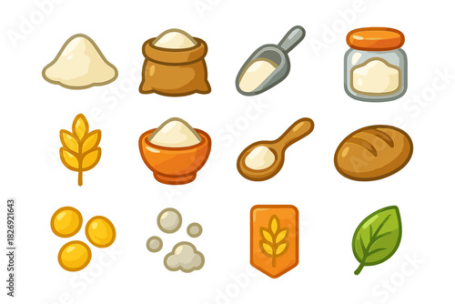 Hand-drawn kitchen ingredients set: flour, wheat, and baking essentials icons
