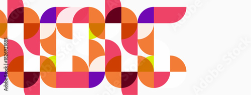 Abstract geometric pattern. Circles, semicircles create colorful design. Pink, orange, purple hues dominate composition. Modern aesthetic.