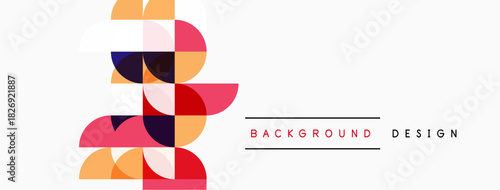 Abstract geometric shapes overlap, creating colorful pattern. Minimalist design with text elements present. Clean, modern aesthetic.