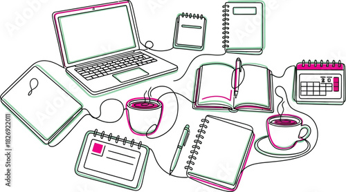 A whimsical hand drawn illustration depicting a creative workspace with a laptop notebooks coffee cups and a calendar perfect for study or work themes