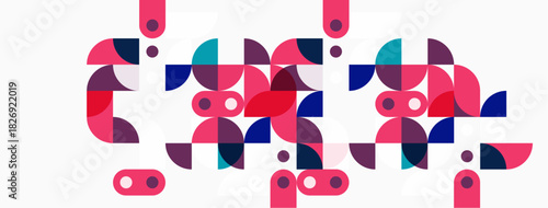 Abstract geometric shapes, pinks, blues, purples. Modern design, playful composition, simple forms, clean aesthetic. Minimalist pattern.