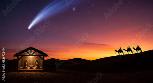 Fototapeta Naklejka Na Ścianę i Meble -  Image shows nativity scene under a bright comet, silhouetted against a colorful sky and desert dune landscape, representing Christian tradition